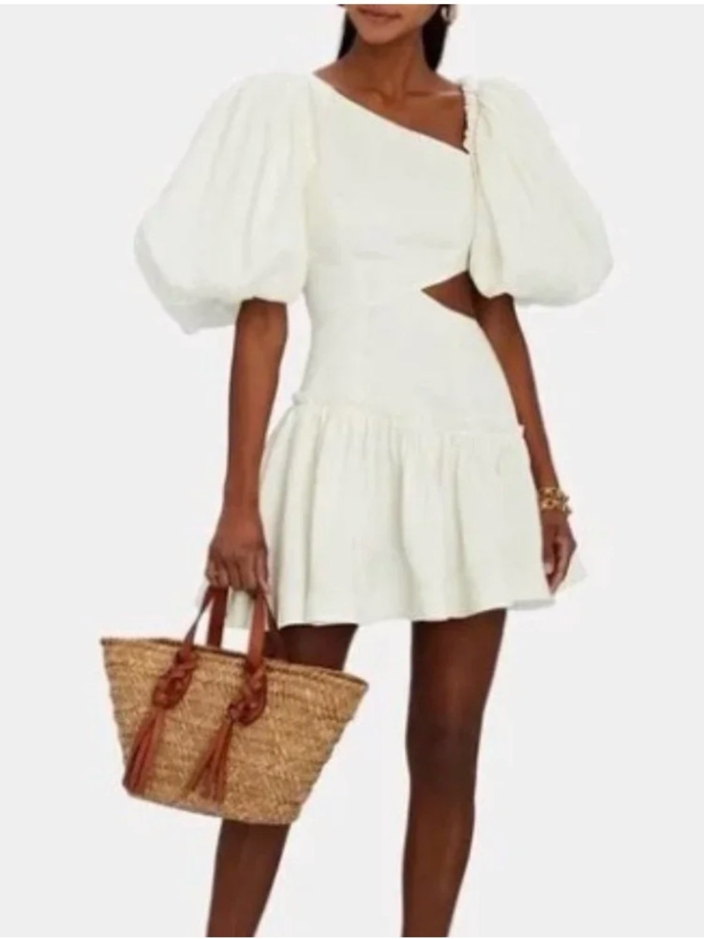 Aje Chateau White Puff-Sleeve Cutout Mini Dress